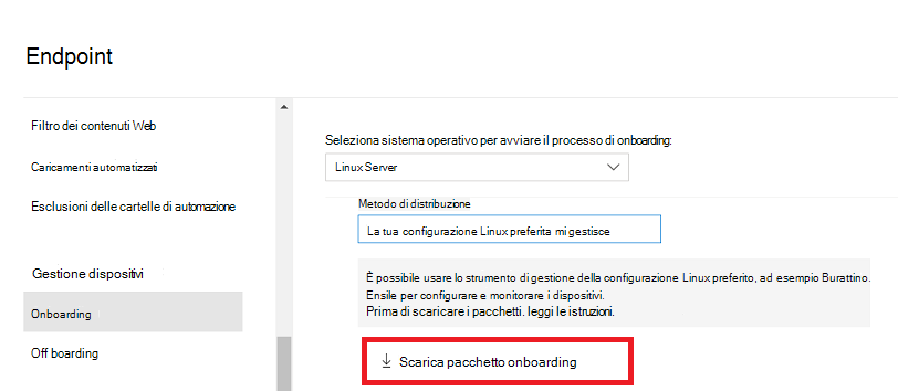 Opzione Scarica pacchetto di onboarding