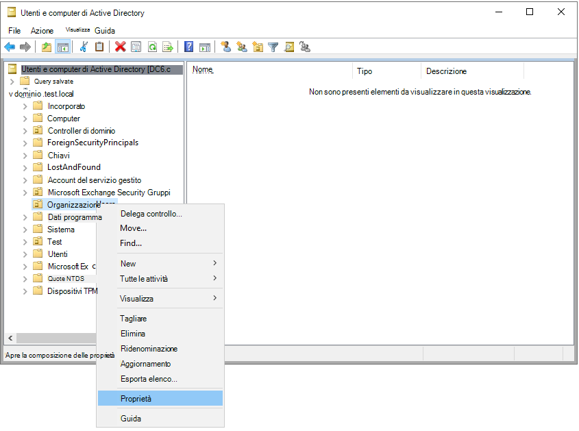Screenshot della selezione delle proprietà del dominio o dell'unità organizzativa.