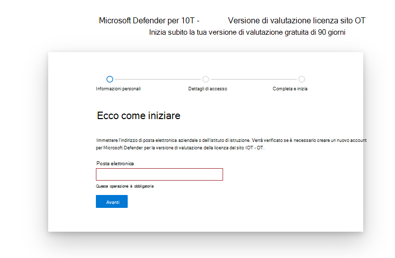 Screenshot per iniziare e configurare la pagina per la licenza di valutazione Microsoft Defender per IoT.