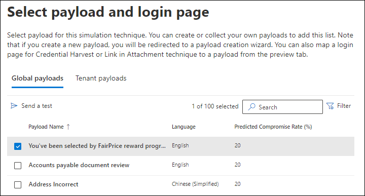 Scheda Payload globali nella pagina Seleziona payload con un payload selezionato e l'azione Invia un test in Formazione con simulazione degli attacchi.