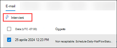 Screenshot della visualizzazione Email (scheda) della tabella dei dettagli con un messaggio selezionato e Attiva azione.