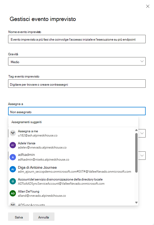 Screenshot che mostra come assegnare un proprietario nel riquadro Gestisci eventi imprevisti nel portale di Microsoft Defender.