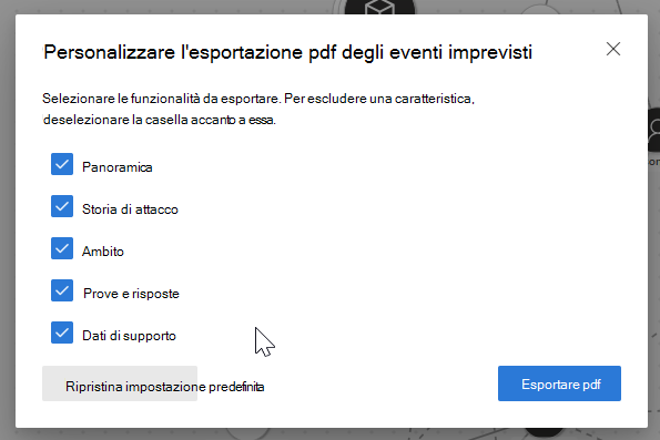 Screenshot che evidenzia l'opzione esporta evento imprevisto in FORMATO PDF.