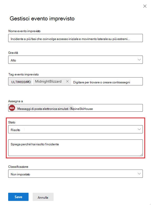 Screenshot del pannello di gestione degli eventi imprevisti con nota sulla risoluzione degli eventi imprevisti.