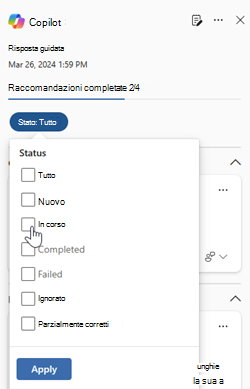 Screenshot che mostra lo stato delle risposte nel riquadro Copilot nella pagina dell'evento imprevisto Microsoft Defender.