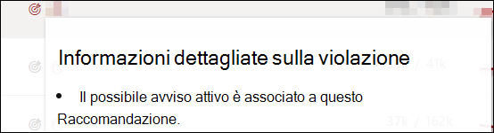 Esempio di testo di informazioni dettagliate sulle violazioni che potrebbe essere visualizzato quando si passa il puntatore sull'icona. Questo dice 