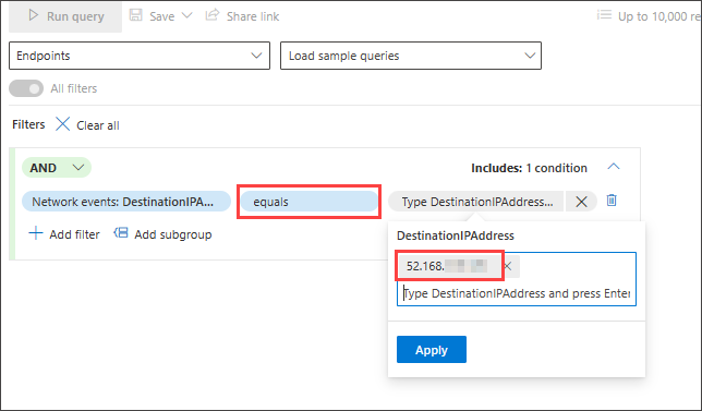 Screenshot del generatore di query in modalità guidata per la ricerca di connessioni riuscite a un indirizzo IP specifico