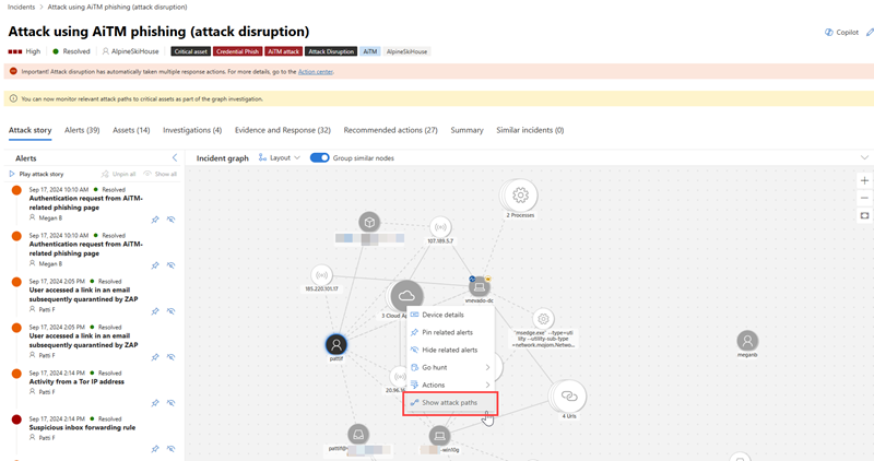 Evidenziazione dell'azione Mostra percorsi di attacco nel grafico degli eventi imprevisti.