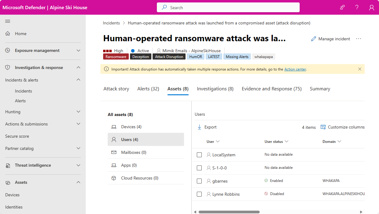 Screenshot della pagina Utenti per un evento imprevisto nel portale di Microsoft Defender.