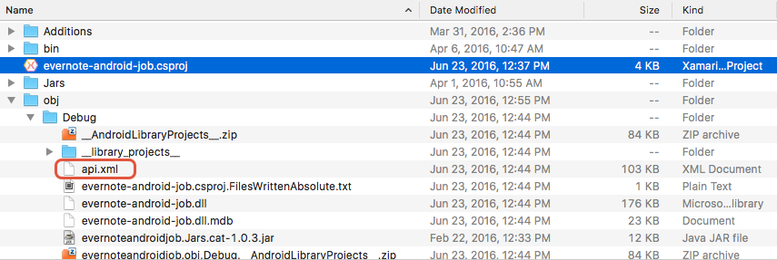 Percorso del file api.xml nella cartella obj/Debug