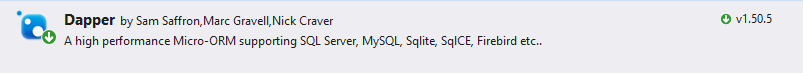 Screenshot del pacchetto Dapper nella visualizzazione Pacchetti NuGet.