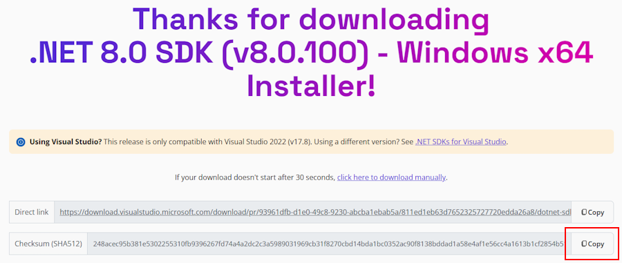 Pagina di download di .NET con checksum