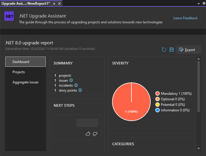 La procedura guidata Analisi guidata aggiornamento .NET che mostra un dashboard del report contenente i risultati dell'analisi.