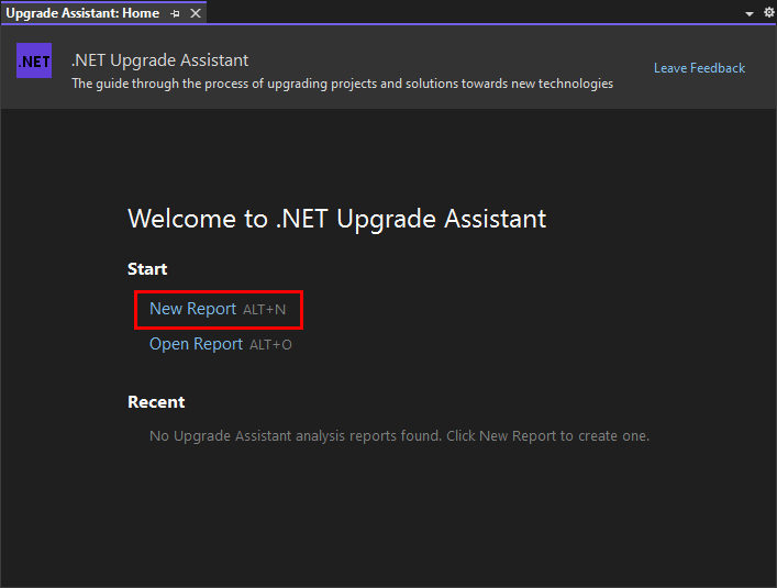 Pagina iniziale dell'Analisi guidata aggiornamento .NET in Visual Studio. Il collegamento 