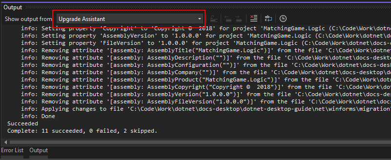 Finestra di output in Visual Studio che mostra i risultati dell'Assistente aggiornamento .NET.