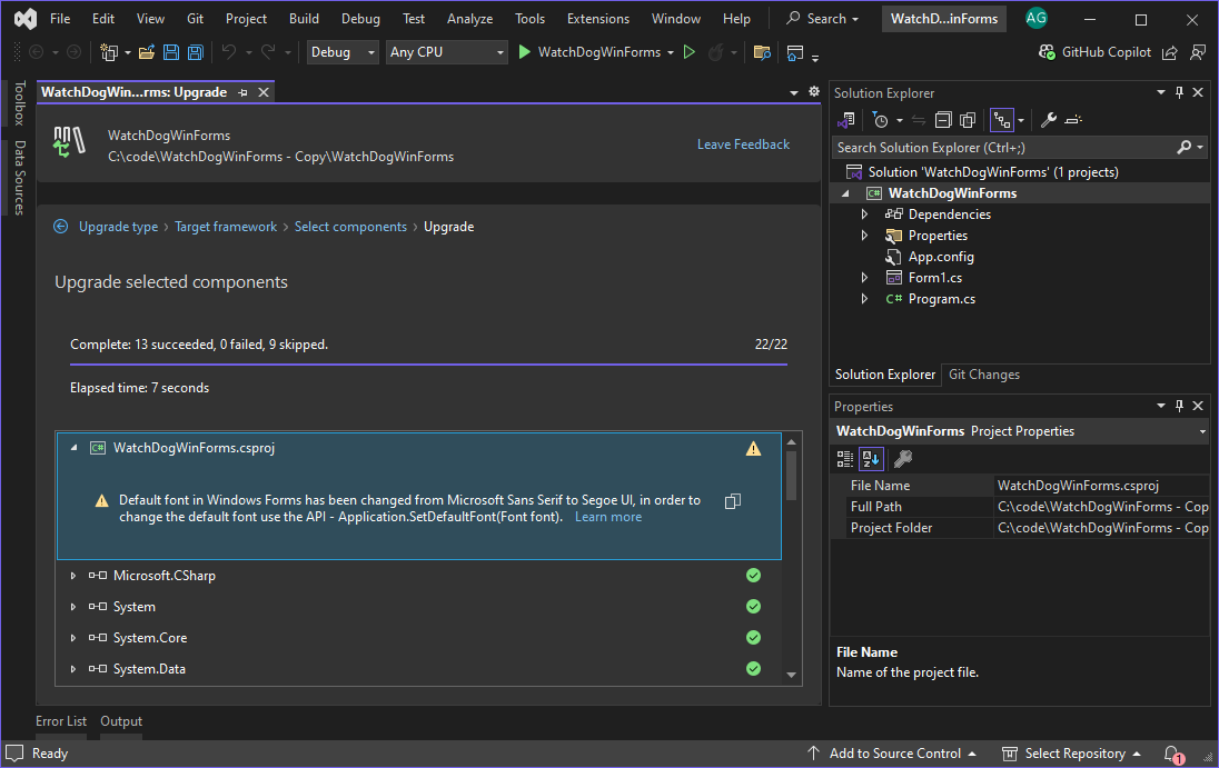 Scheda Risultati aggiornamento di .NET Upgrade Assistant in Visual Studio.