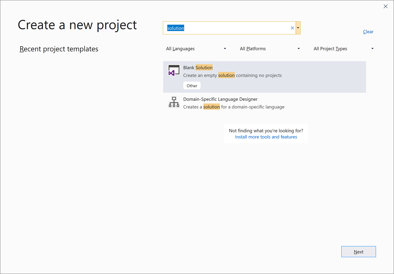 modello vuoto di soluzione in Visual Studio