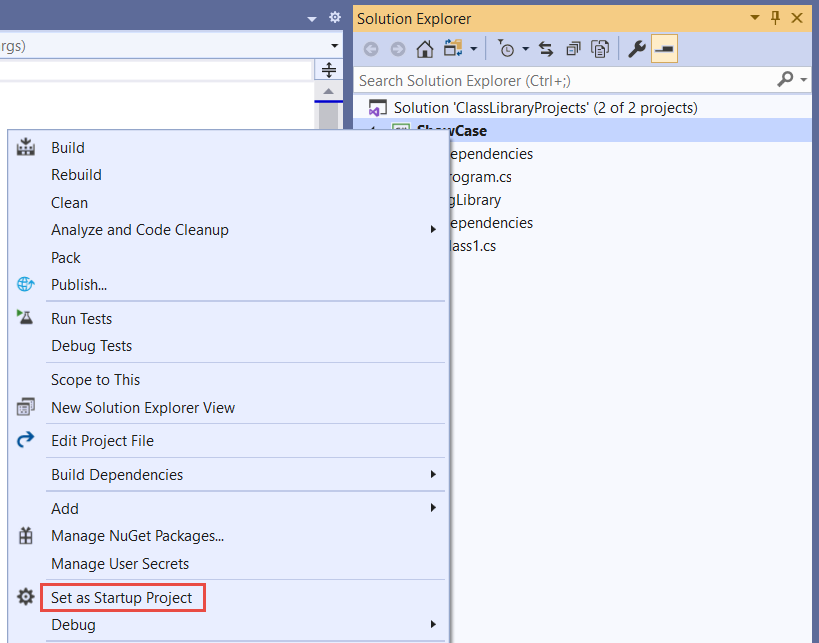 menu di scelta rapida del progetto di Visual Studio per impostare il progetto di avvio