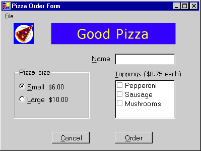 Modulo dell'ordine della pizza con una casella di testo nome, dimensioni e condimenti selezionati.