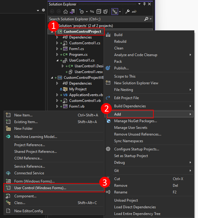 Fare clic con il pulsante destro del mouse su Esplora soluzioni di Visual Studio per aggiungere un controllo utente a un progetto di Windows Form