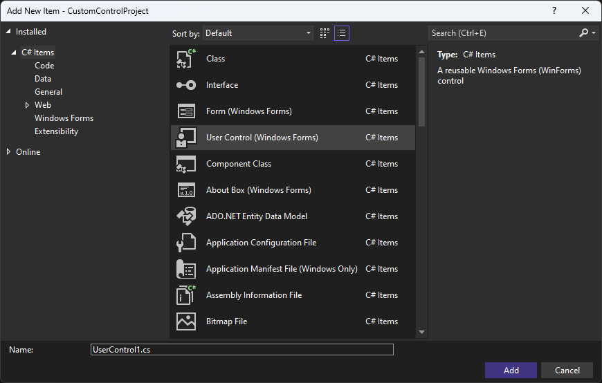 finestra di dialogo Aggiungi elemento in Visual Studio per Windows Forms