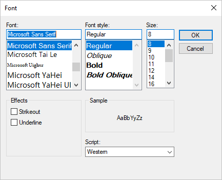 riquadro Proprietà di Visual Studio per .NET Windows Forms con la finestra Impostazioni carattere.