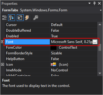 pannello delle Proprietà di Visual Studio per .NET Windows Forms con la proprietà Font visualizzata.