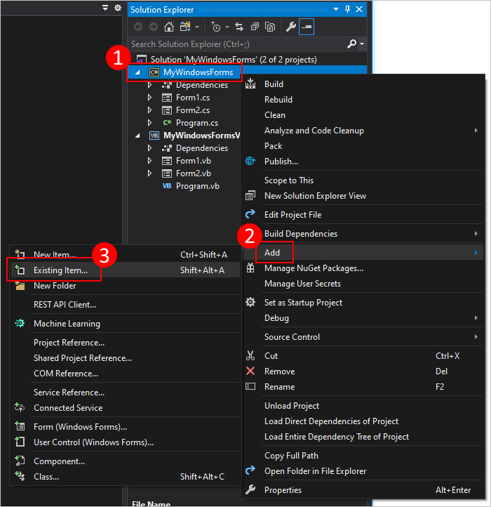 Fare clic con il pulsante destro del mouse su Esplora soluzioni per aggiungere un modulo esistente al progetto Windows Form