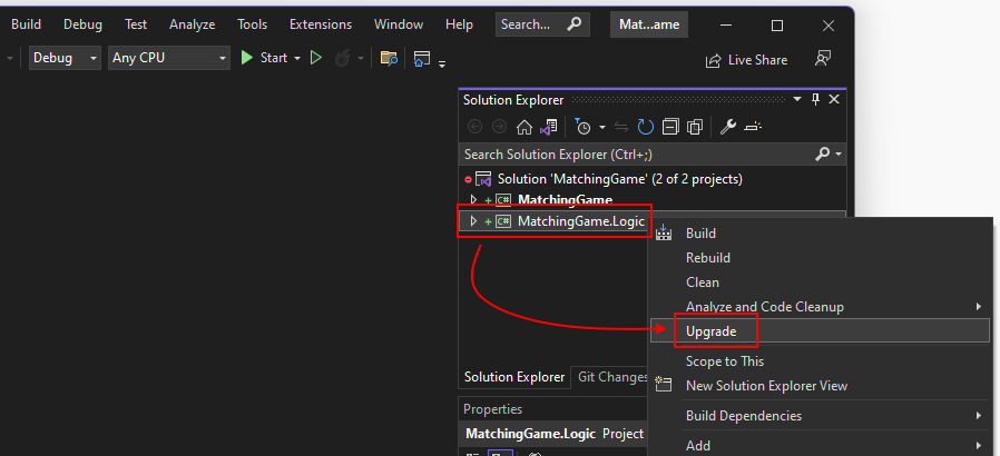 Screenshot della voce di menu Aggiorna assistente aggiornamento di .NET in Visual Studio.