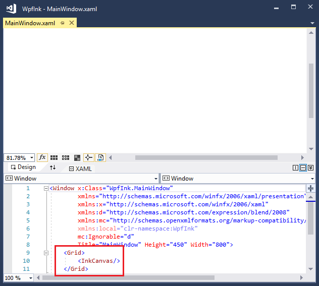 finestra di progettazione XAML con tag InkCanvas