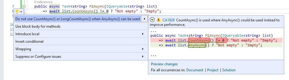 Correzione del codice per CA1828 : non usare CountAsync() o LongCountAsync() quando è possibile usare AnyAsync()