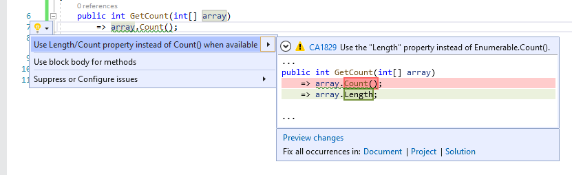 Correzione del codice per CA1829 - Usare la proprietà Length/Count anziché Count() quando disponibile