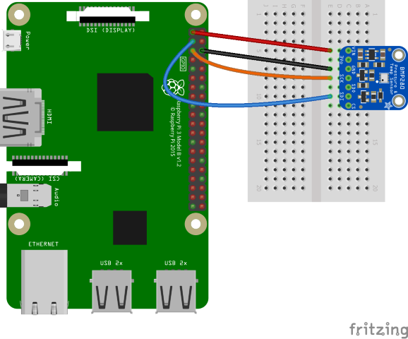 Diagramma di Fritzing che mostra la connessione da Raspberry Pi a BME280 scheda di interruzione