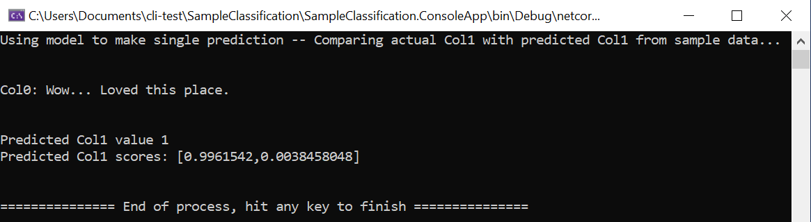ML.NET'interfaccia della riga di comando di eseguire l'app da Visual Studio