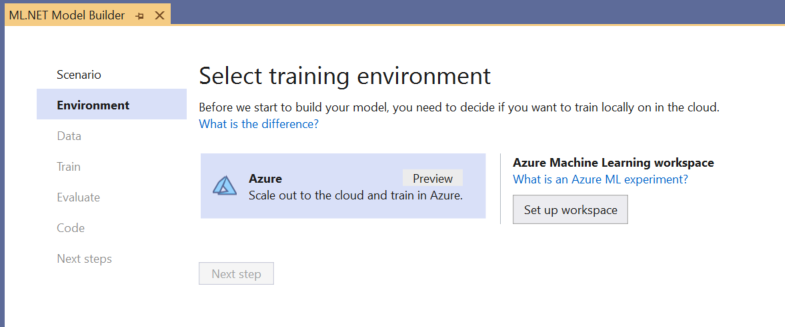 Selezione dell'ambiente di training di Azure