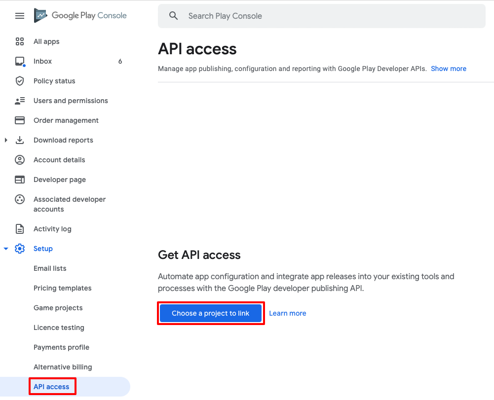 Screenshot della pagina di accesso all'API in Google Play Console.