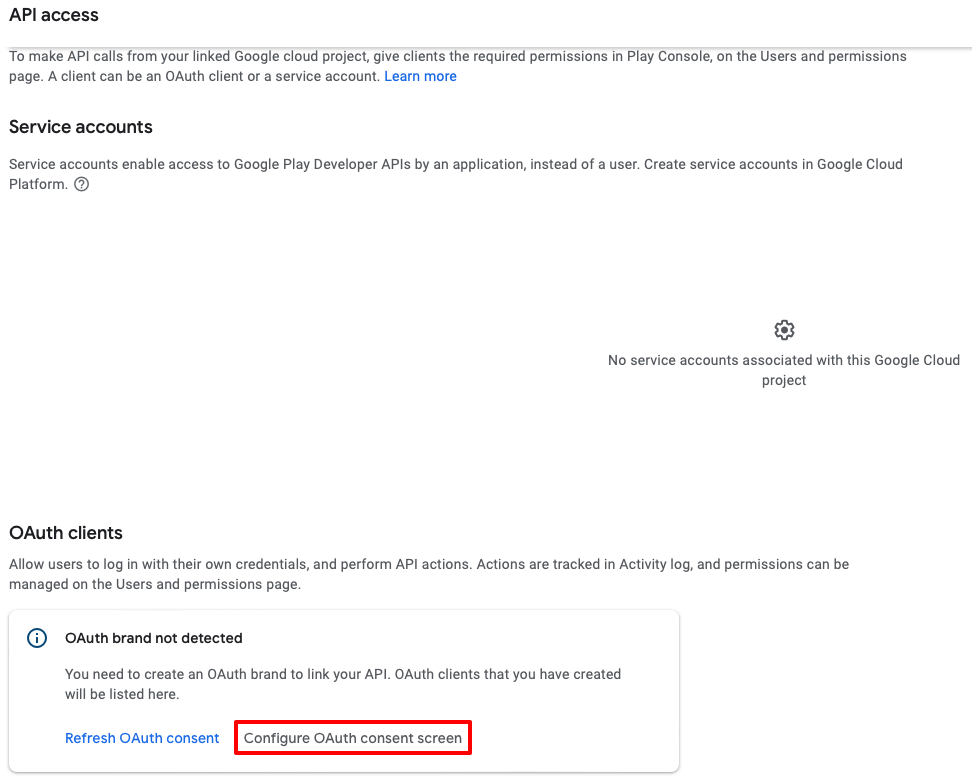 Screenshot della pagina di accesso all'API con il progetto Google Cloud collegato.