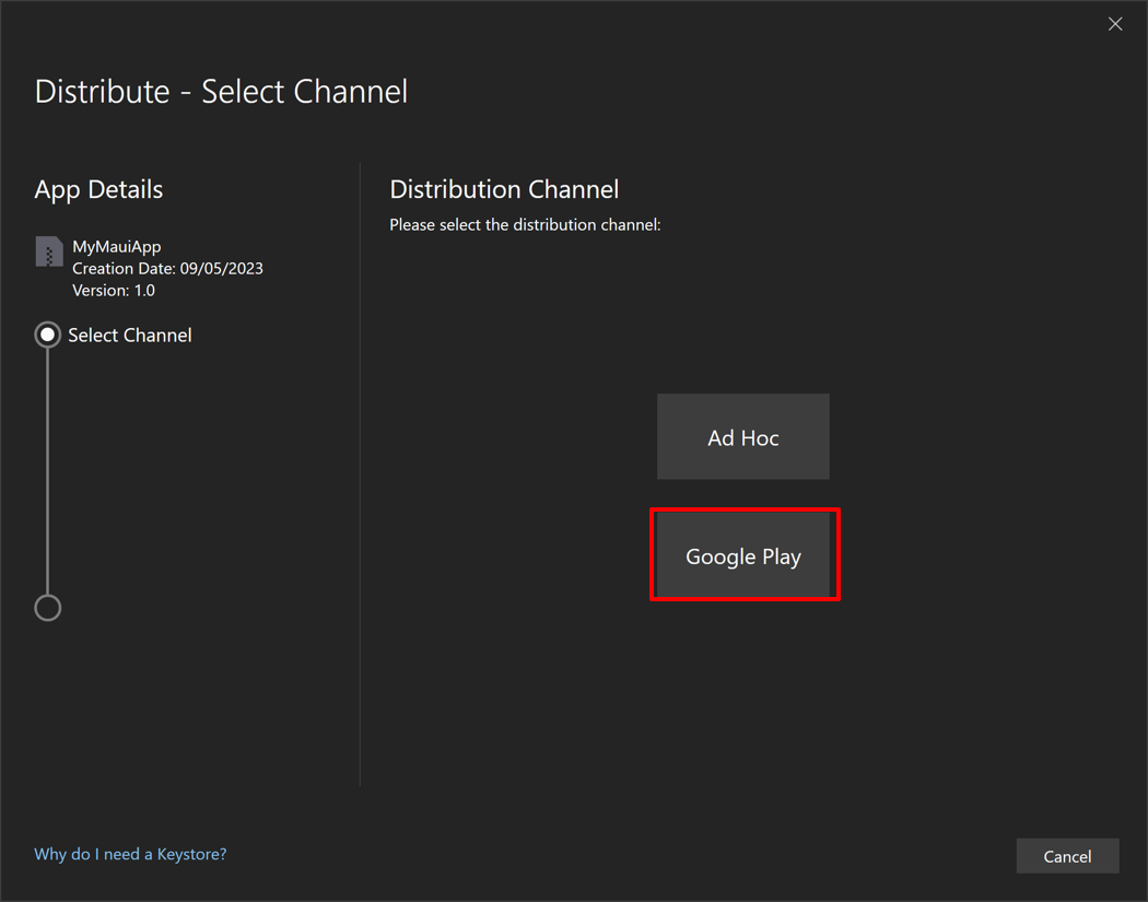 Screenshot della selezione del canale di distribuzione di Google Play nella finestra di dialogo di distribuzione.