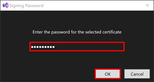 Screenshot dell'immissione della password per l'identità di firma in Visual Studio.