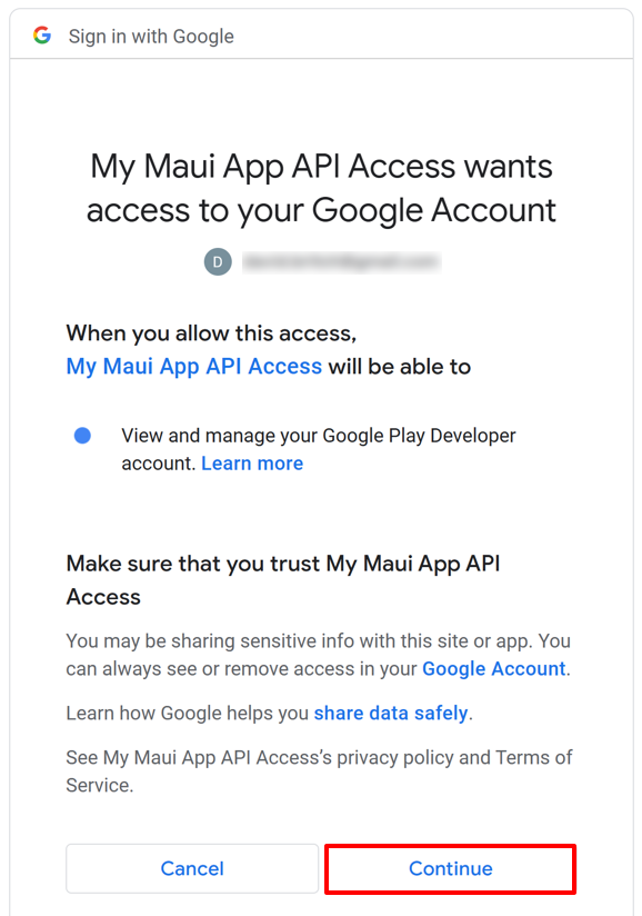 Screenshot dell'autorizzazione dell'accesso all'API Google.