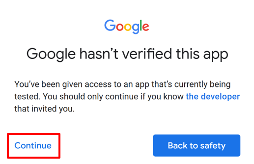 Screenshot dell'accesso di Google che indica che l'app non è stata verificata.