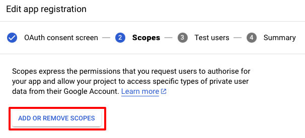 Screenshot dell'aggiunta di ambiti per la schermata di consenso OAuth.