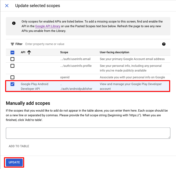 Screenshot dell'aggiunta dell'ambito di pubblicazione Android per la schermata di consenso OAuth.