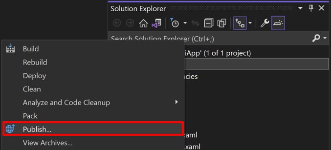 Selezionare la voce di menu Pubblica in Visual Studio.