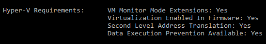 Esempio di output systeminfo durante il controllo del supporto di Hyper-V per .NET MAUI.