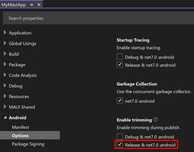 Screenshot del comportamento del linker per Android in Visual Studio.