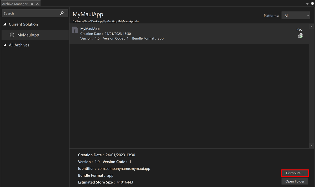 Screenshot del gestore archivi in Visual Studio al termine dell'archiviazione.