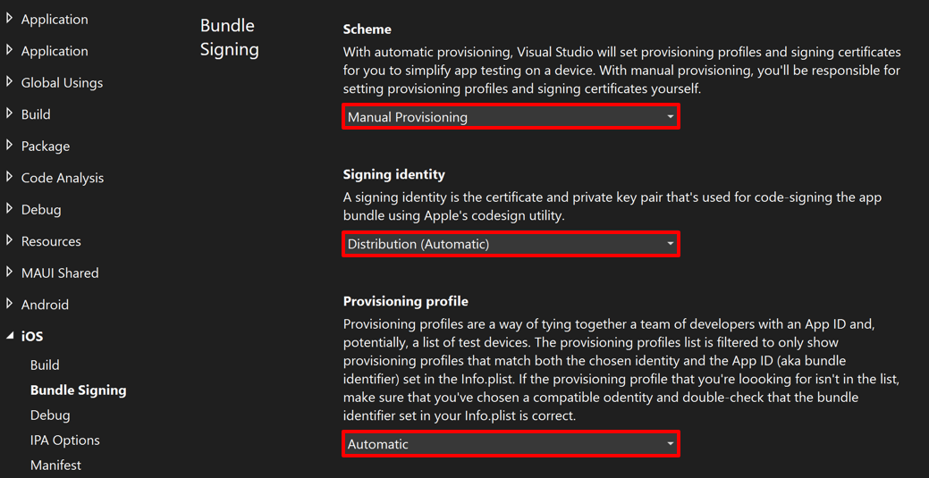 Screenshot della scheda di firma del bundle per iOS in Visual Studio.