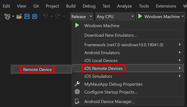 Selezionare il dispositivo remoto in Visual Studio.