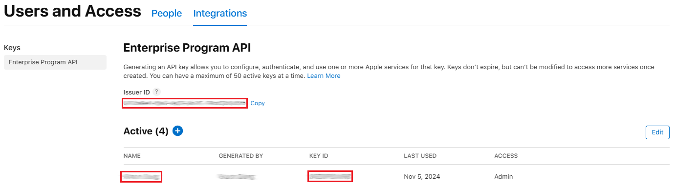 Screenshot dei dettagli dell'API Apple Enterprise Program.